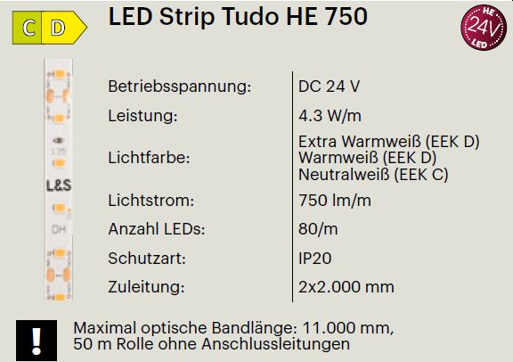 LED Band Tudo HE 24 Volt / 4,3 Watt und 750 Lumen / Meter LED Band Tudo HE 24 Volt / 4,3 Watt und 750 Lumen / Meter