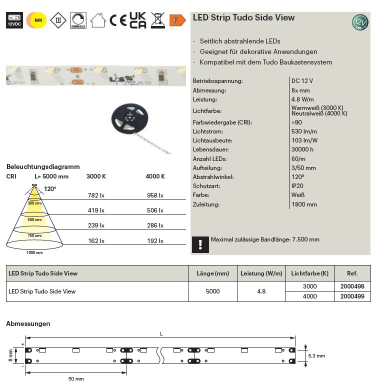 LED Strip Tudo Side View, 12 Volt - 4,8 Watt pro Meter LED Strip Tudo Side View, 12 Volt - 4,8 Watt pro Meter