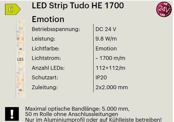 LED Band Tudo HE Emotion 24 Volt - 9,8 Watt / 1700 Lumen / Meter LED Band Tudo HE Emotion 24 Volt - 9,8 Watt / 1700 Lumen / Meter