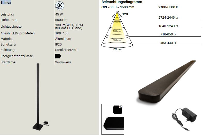 Stehleuchte Blimea schwarz mit Schalter, 45 Watt incl. Netzteil 