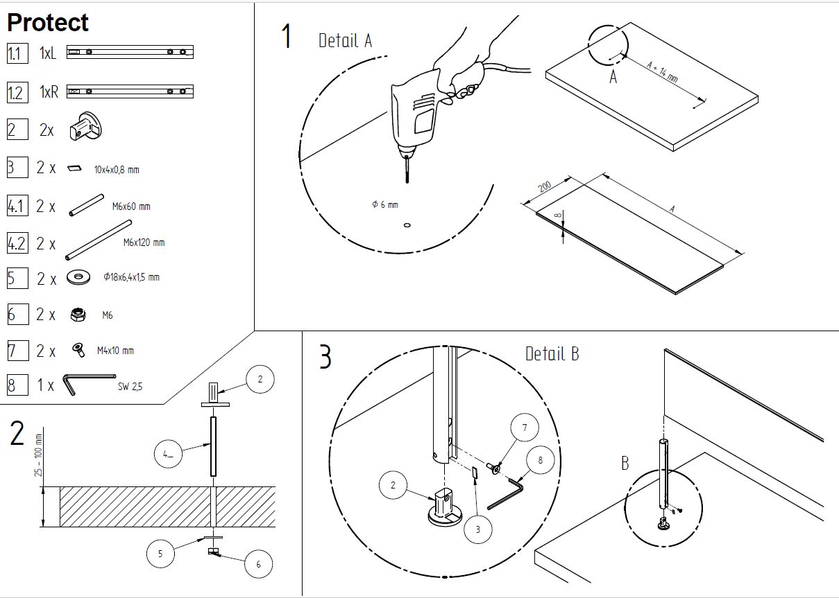Spritzschutz Komplettset Halter + Glasplatten, Höhe 200mm Spritzschutz Komplettset Halter + Glasplatten, Höhe 200mm