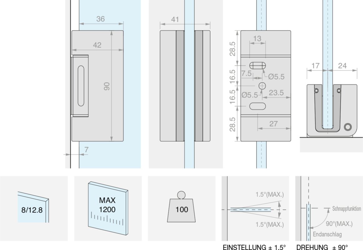 Glastürband LOGLI Libra Glas-Wand 90 Grad ( per Paar)